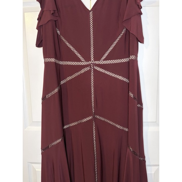 Taylor Burgundy Ruffle Cap Sleeve High-Low Midi Geometric Dress Women's Size 16W - Picture 7 of 16